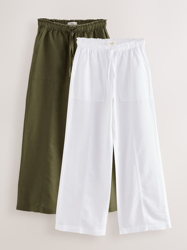 Khaki/White Wide Leg Pull On Linen Blend Trousers 2 Pack - Image 1 of 11