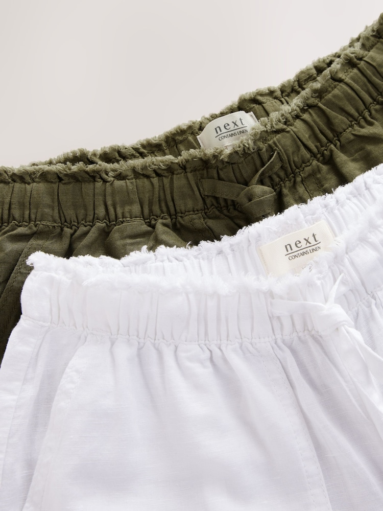 Khaki/White Wide Leg Pull On Linen Blend Trousers 2 Pack - Image 11 of 11