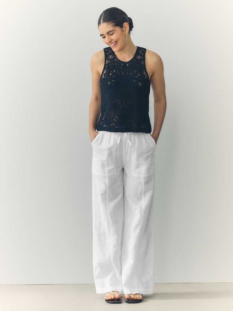 Khaki/White Wide Leg Pull On Linen Blend Trousers 2 Pack - Image 2 of 11