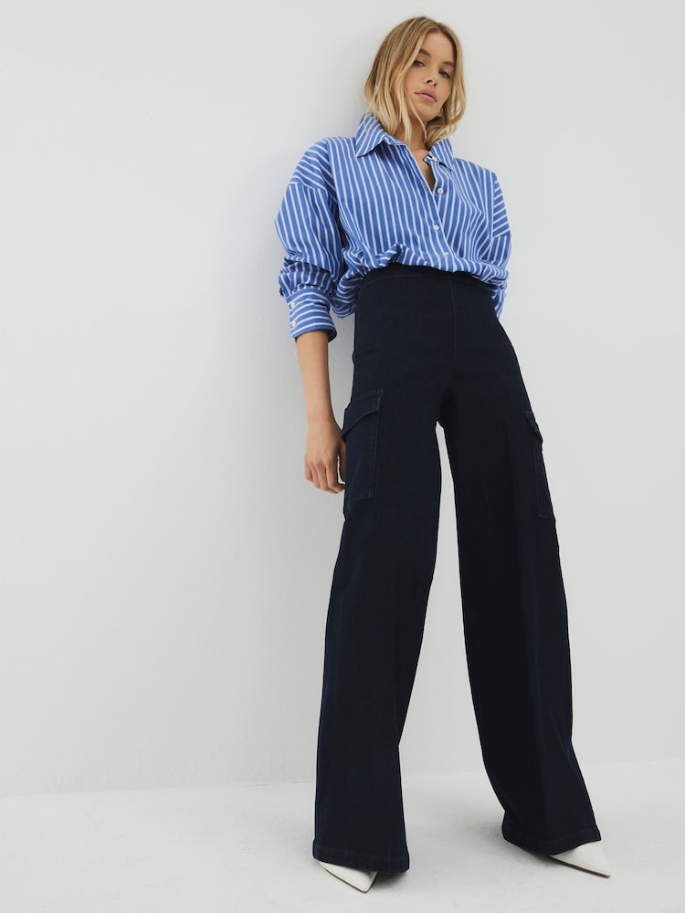 River Island Blue High Rise Super Wide Leg Jeans - Image 1 of 4