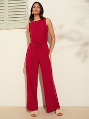 Friends Like These Berry Red Scoop Neck Sleveless Wide Leg Jersey Jumpsuit - Image 1 of 4