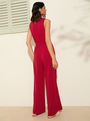 Friends Like These Berry Red Scoop Neck Sleveless Wide Leg Jersey Jumpsuit - Image 4 of 4