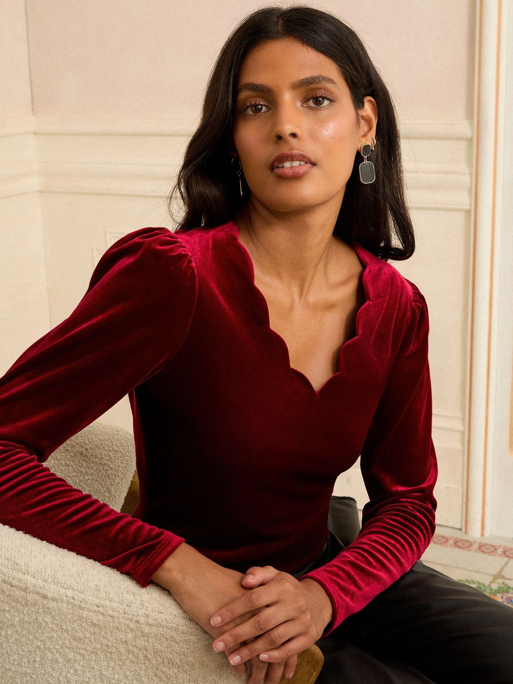 Buy Love & Roses Berry Red Scallop Neck Long Sleve Velvet Top from