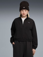 Puma Black Womens Her Relaxed Woven 1/2 Zip Crew Sweatshirt - Image 1 of 5