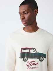 Ecru White Regular Fit Ford Bronco License Graphic Crew Neck Jumper with Wool - Image 4 of 9