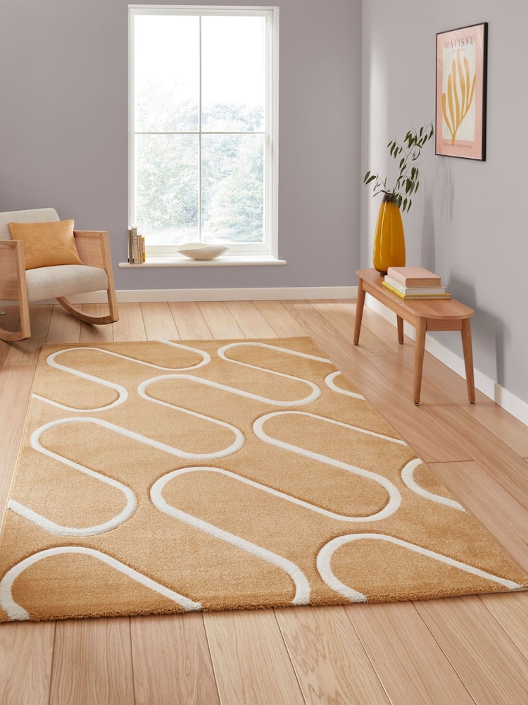 Catherine Lansfield Yellow Linear Curve Modern Geometric Rug - Image 1 of 6