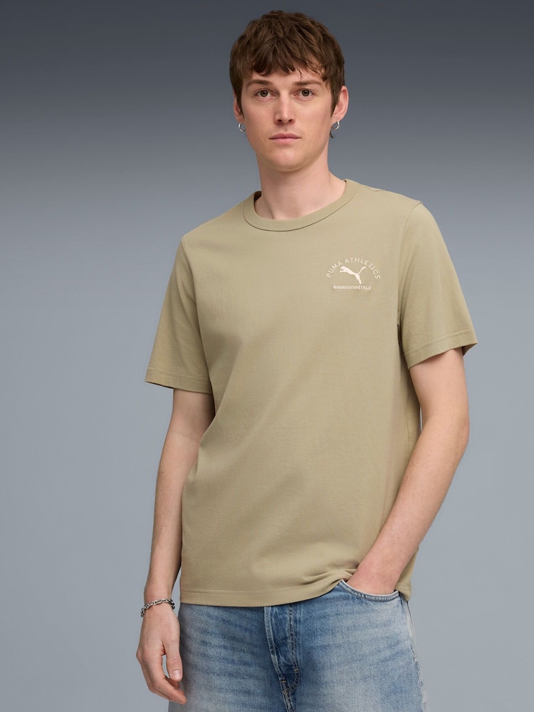 Puma Khaki Green Mens Classic Bakcprint Graphic T-Shirt - Image 1 of 5 Puma Khaki Green Mens Classic Bakcprint Graphic T-Shirt - Image 1 of 5