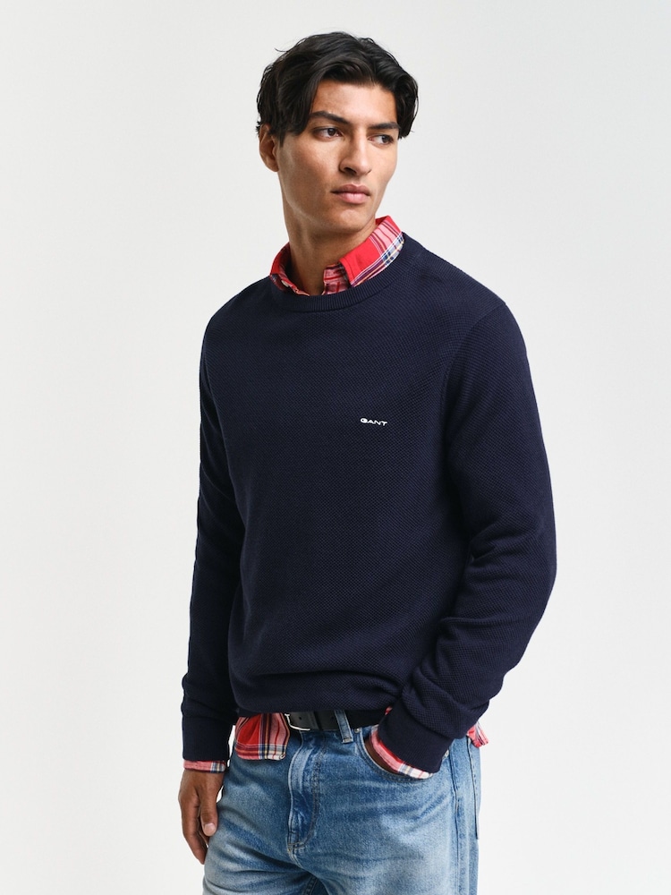 GANT Blue 100% Cotton Piqué Crew Neck Sweater - Image 1 of 4