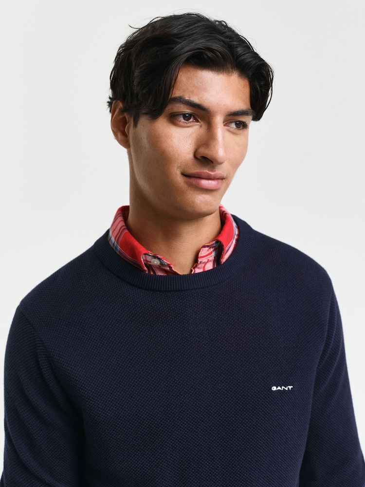 GANT Blue 100% Cotton Piqué Crew Neck Sweater - Image 4 of 4
