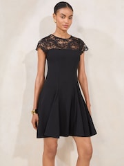 Lipsy Black Petite Lace Mix Mini Skater Dress - Image 1 of 5