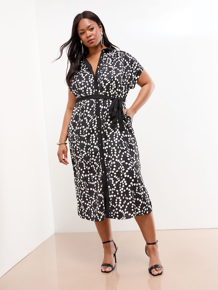 Lipsy Black/White Curve Spot Printed Button Through Midi Shirt Dress - Image 1 of 4