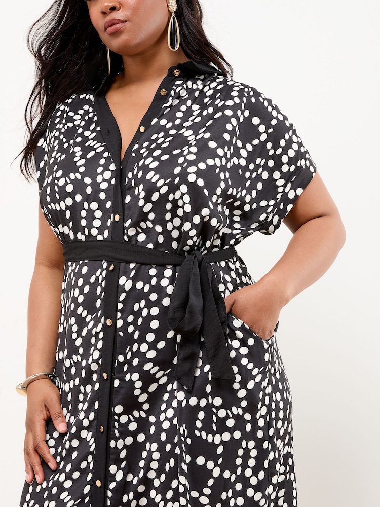 Lipsy Black/White Curve Spot Printed Button Through Midi Shirt Dress - Image 2 of 4