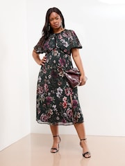 Lipsy Black Curve Angel Sleeve Floral Print Velvet Tipped Midi Dress - Image 1 of 4