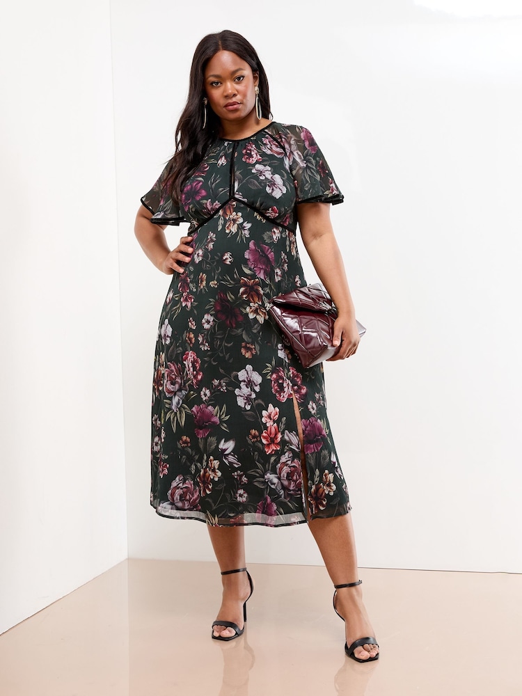 Lipsy Black Curve Angel Sleeve Floral Print Velvet Tipped Midi Dress - Image 1 of 4