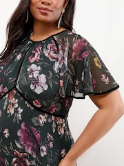 Lipsy Black Curve Angel Sleeve Floral Print Velvet Tipped Midi Dress - Image 2 of 4