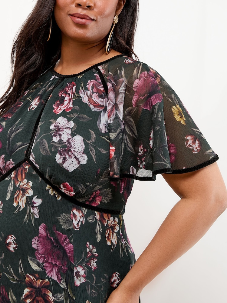 Lipsy Black Curve Angel Sleeve Floral Print Velvet Tipped Midi Dress - Image 2 of 4