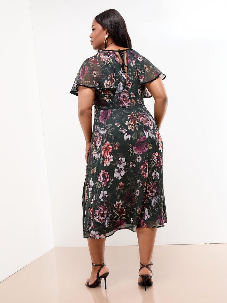 Lipsy Black Curve Angel Sleeve Floral Print Velvet Tipped Midi Dress - Image 4 of 4