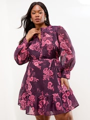 Lipsy Berry Red Curve Mini Floral Print Woven Shirt Dress - Image 1 of 4