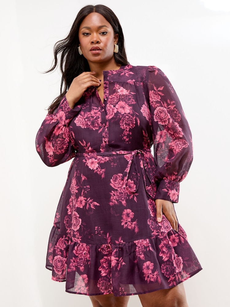 Lipsy Berry Red Curve Mini Floral Print Woven Shirt Dress - Image 1 of 4