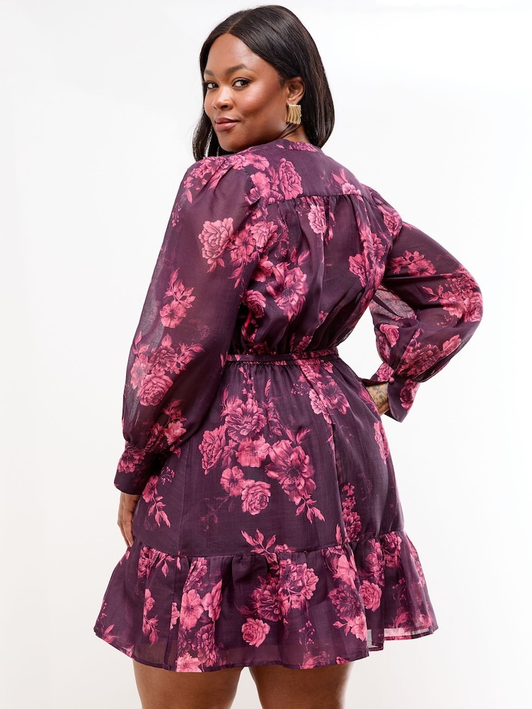 Lipsy Berry Red Curve Mini Floral Print Woven Shirt Dress - Image 4 of 4