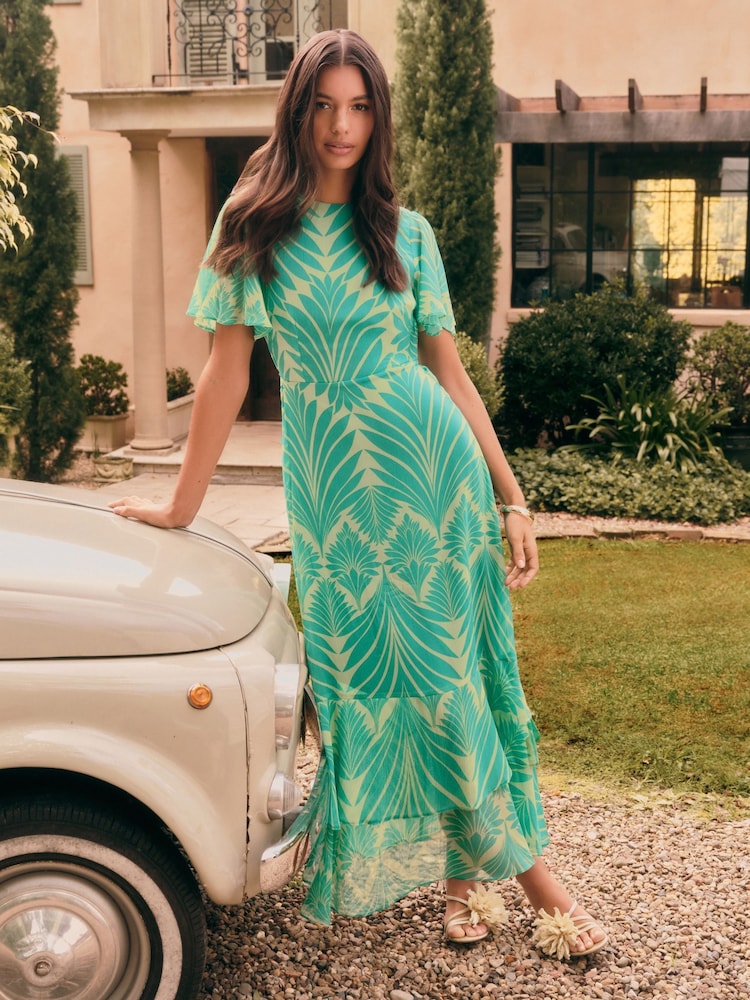 Friends Like These Green Geo Petite Short Sleeve Chiffon Tiered Maxi Dress - Image 1 of 5