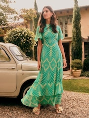 Friends Like These Green Geo Petite Short Sleeve Chiffon Tiered Maxi Dress - Image 3 of 5