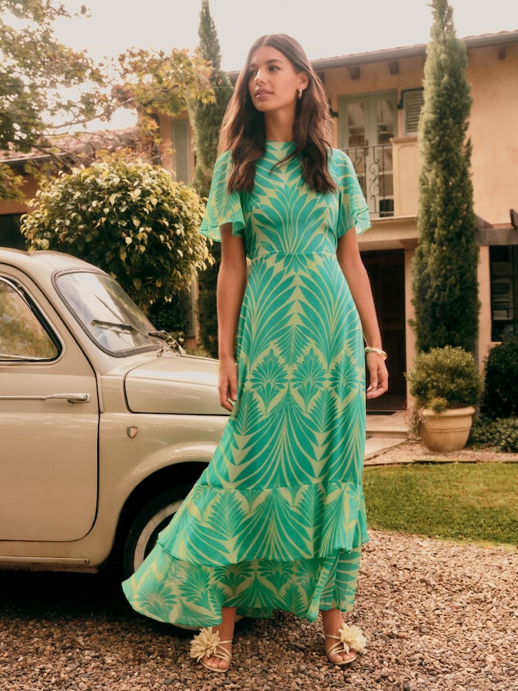 Buy Friends Like These Green Geo Petite Short Sleeve Chiffon Tiered Maxi Dress from Next USA Buy Friends Like These Green Geo Petite Short Sleeve Chiffon Tiered Maxi Dress from Next USA