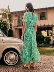 Friends Like These Green Geo Petite Short Sleeve Chiffon Tiered Maxi Dress - Image 4 of 5