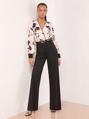 Lipsy Monochrome Floral Petite 2 in 1 Long Sleeve V-Neck Belted Jumpsuit - Image 1 of 4