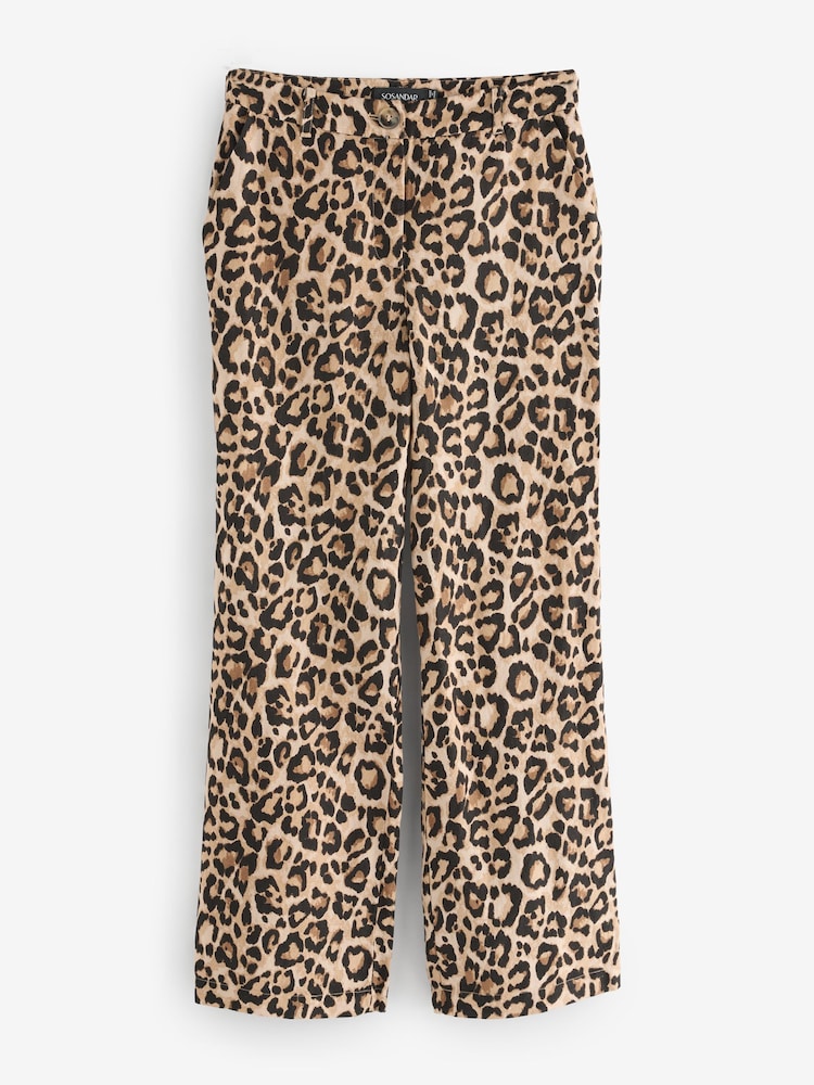 Sosandar Brown Petite Leopard Print Linen Blend Wide Leg Trousers - Image 1 of 1