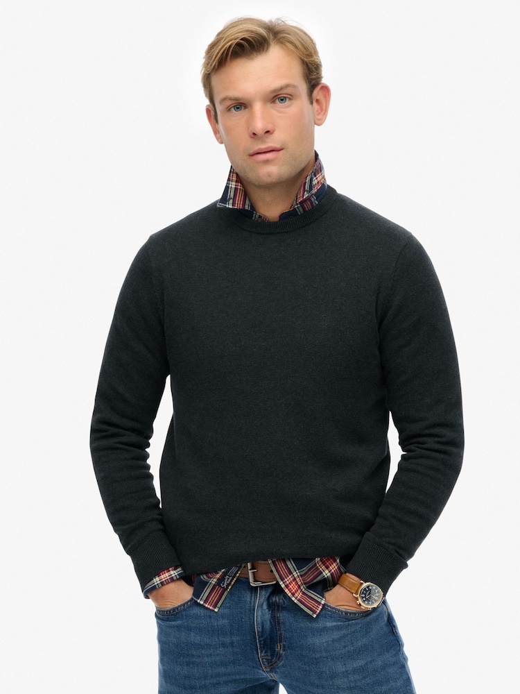Superdry Grey Essentials Cotton Jumper - Image 1 of 6 Superdry Grey Essentials Cotton Jumper - Image 1 of 6