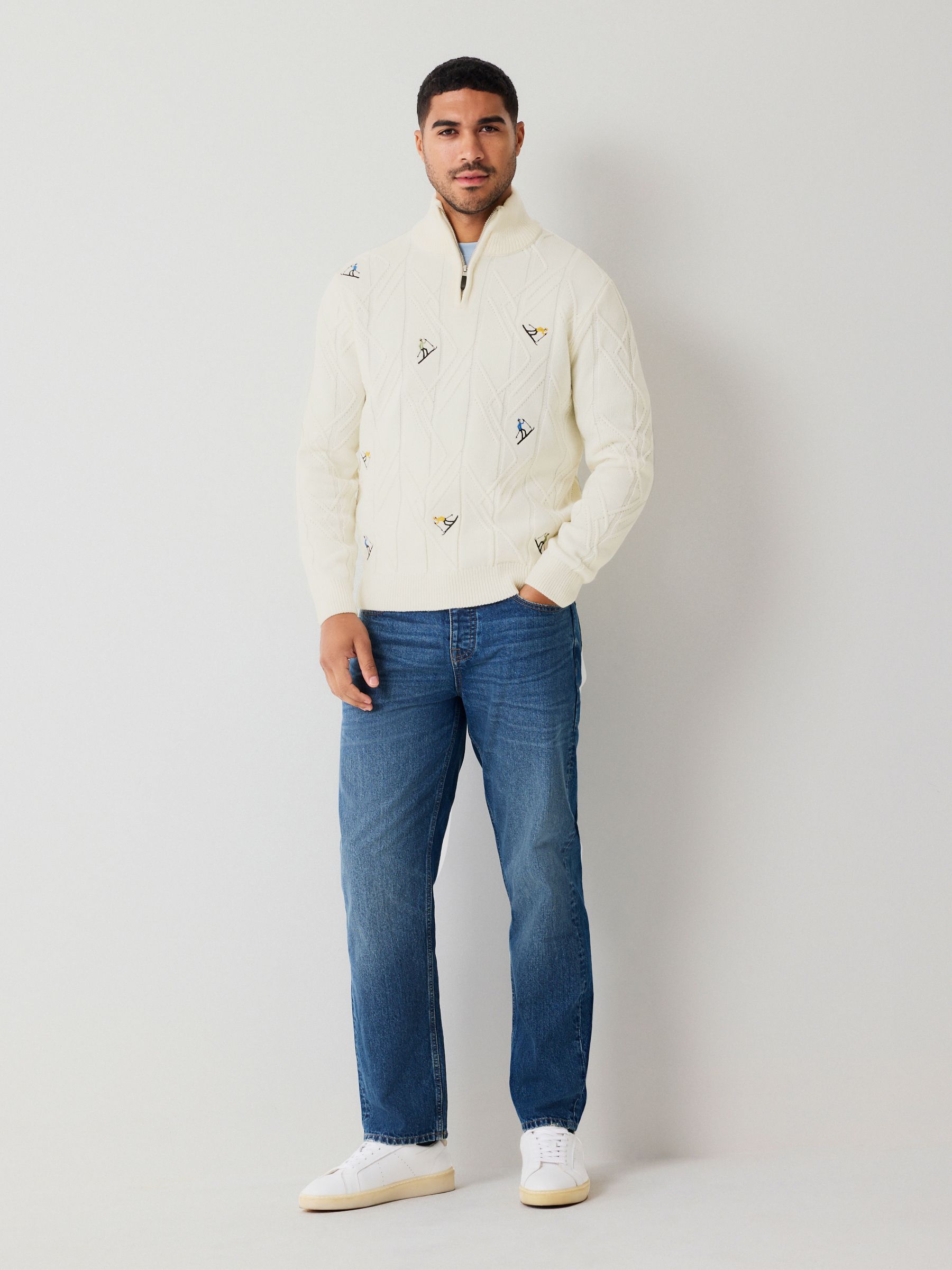 Buy Ecru White Regular Fit Christmas Ski Cable Quarter Zip Neck