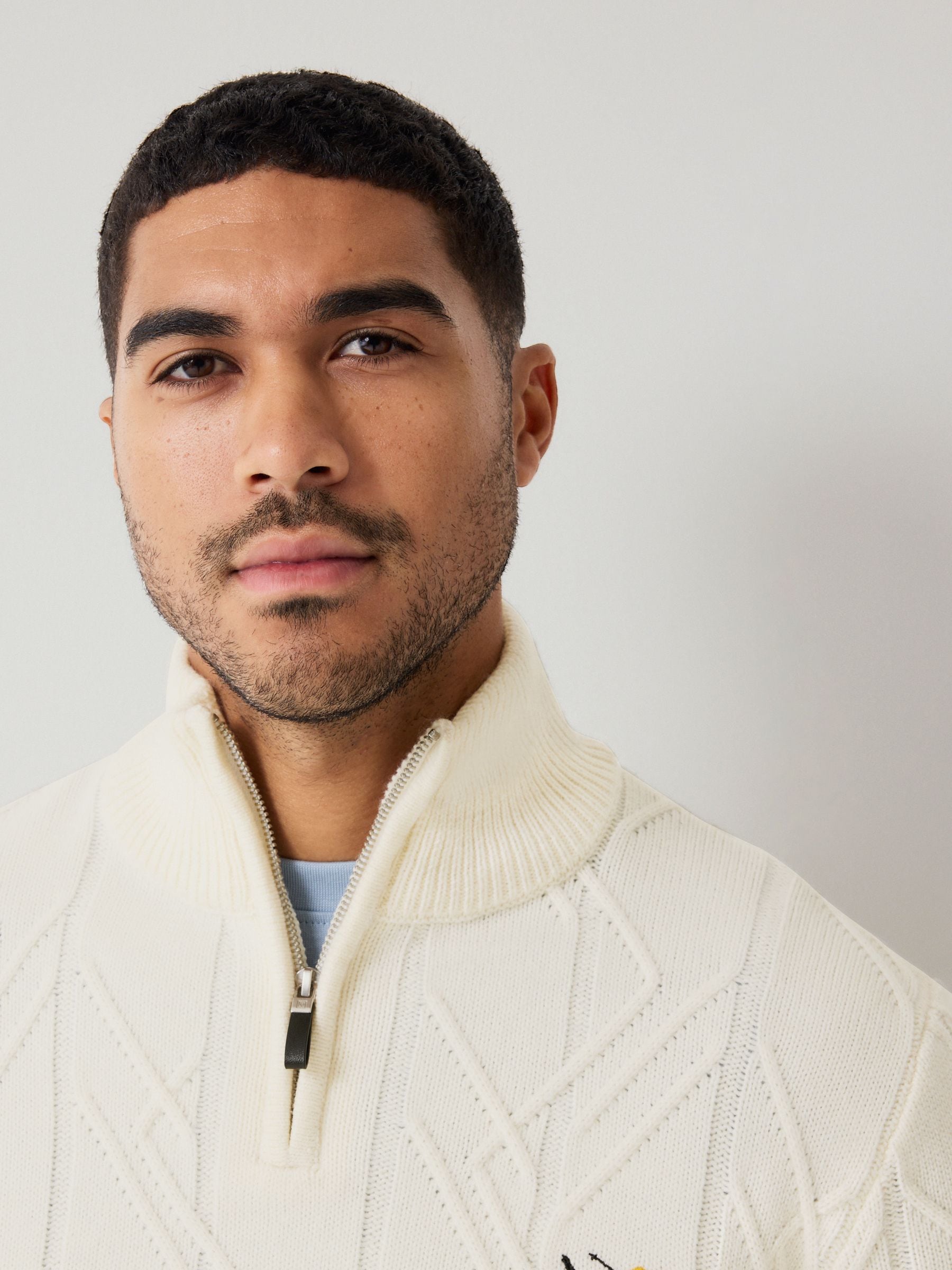 Buy Ecru White Regular Fit Christmas Ski Cable Quarter Zip Neck