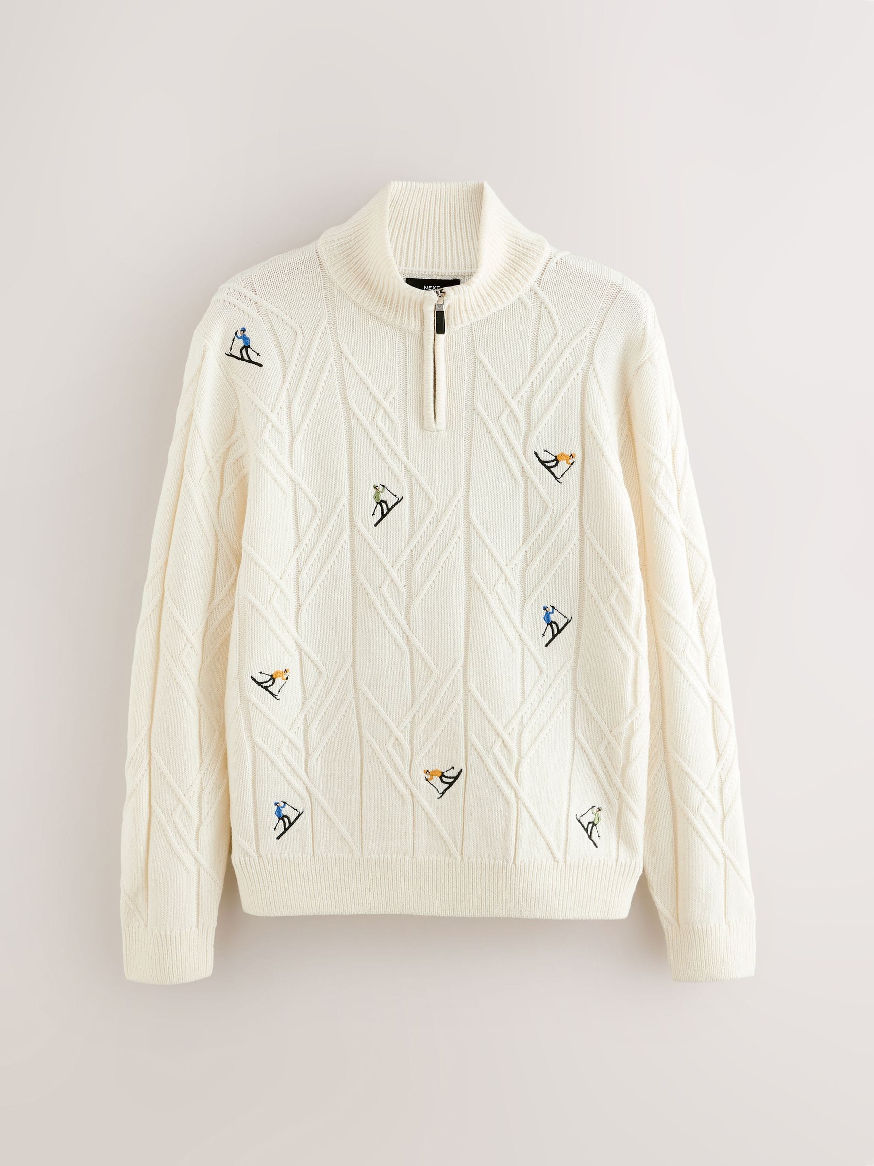 Buy Ecru White Regular Fit Christmas Ski Cable Quarter Zip Neck