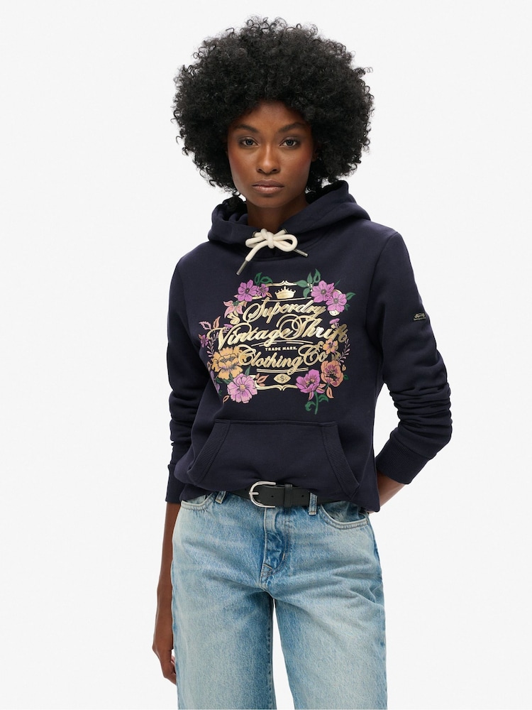 Superdry Blue Floral Graphic Logo Hoodie - Image 1 of 6