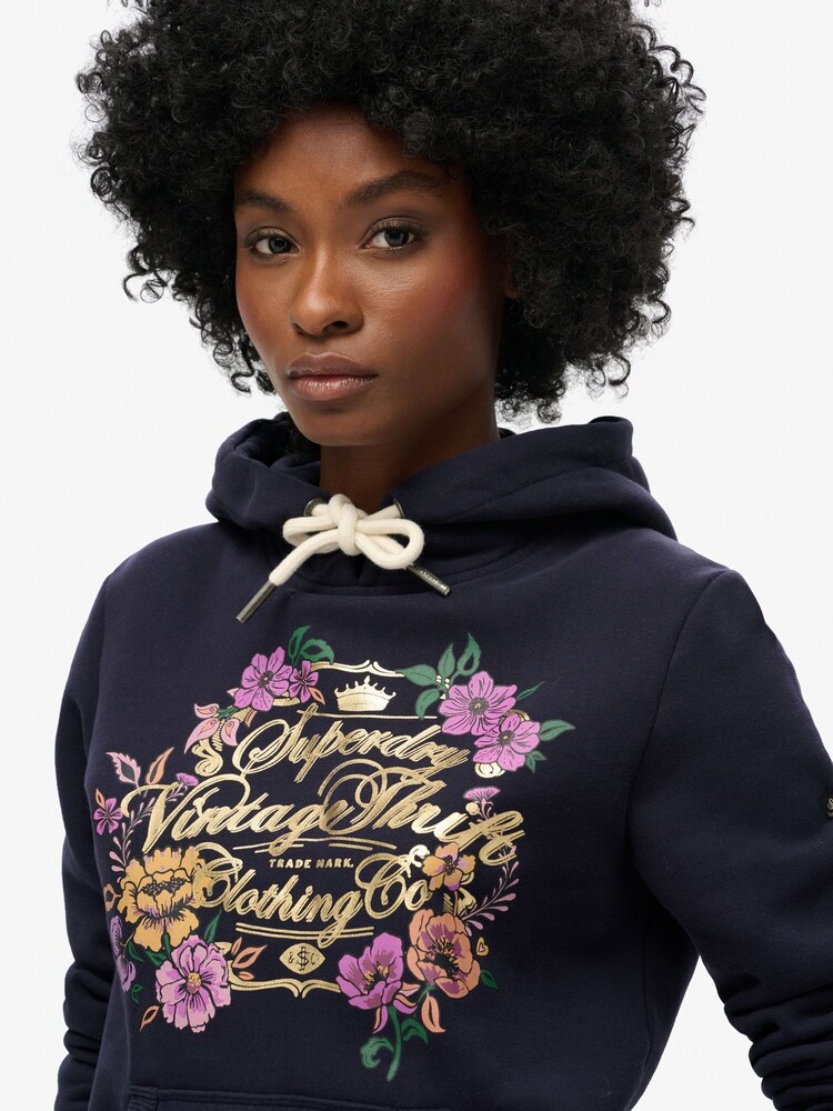 Superdry Blue Floral Graphic Logo Hoodie - Image 3 of 6