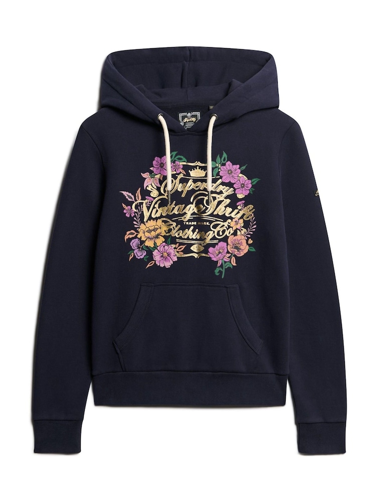 Superdry Blue Floral Graphic Logo Hoodie - Image 4 of 6