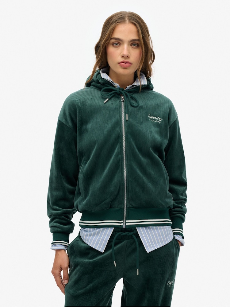Superdry Green Country Club Velour Zip Hoodie - Image 1 of 5
