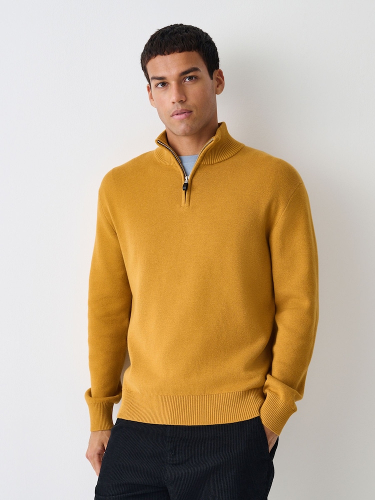 Ochre Yellow Plain Regular Fit Premium Quarter Zip Jumper - Image 1 of 8 Ochre Yellow Plain Regular Fit Premium Quarter Zip Jumper - Image 1 of 8