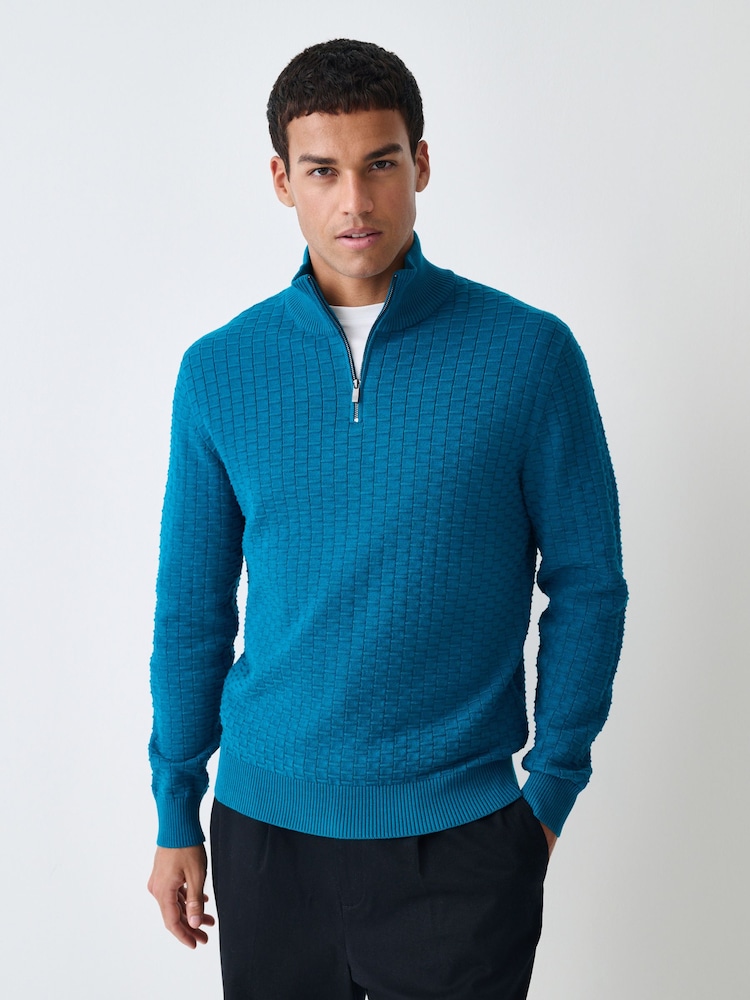 Azul azul-petróleo - Pullover texturizado premium com zíper de um quarto e Regular fit - Imagem 1 de 7