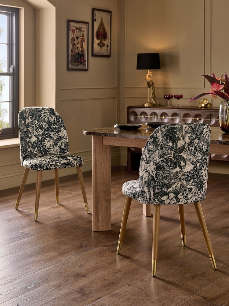 Set of 2 Tapestry Print Valencia Upholstered Dark Wood Leg Dining Chairs - Image 1 of 7