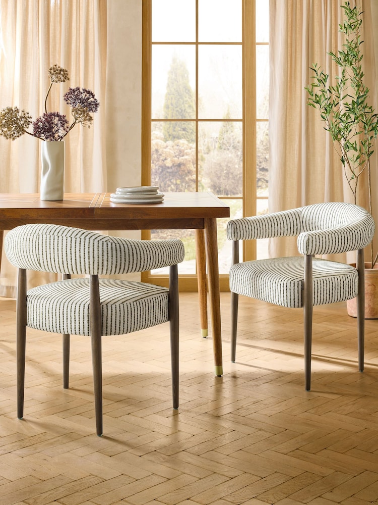 Set of 2 Boucle Stripe Light Natural And Moss Dark Wood Leg Aire Dining Chairs - Image 1 of 9