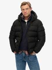 Superdry Black Hooded Sports Puffer Jacket - Image 1 of 6