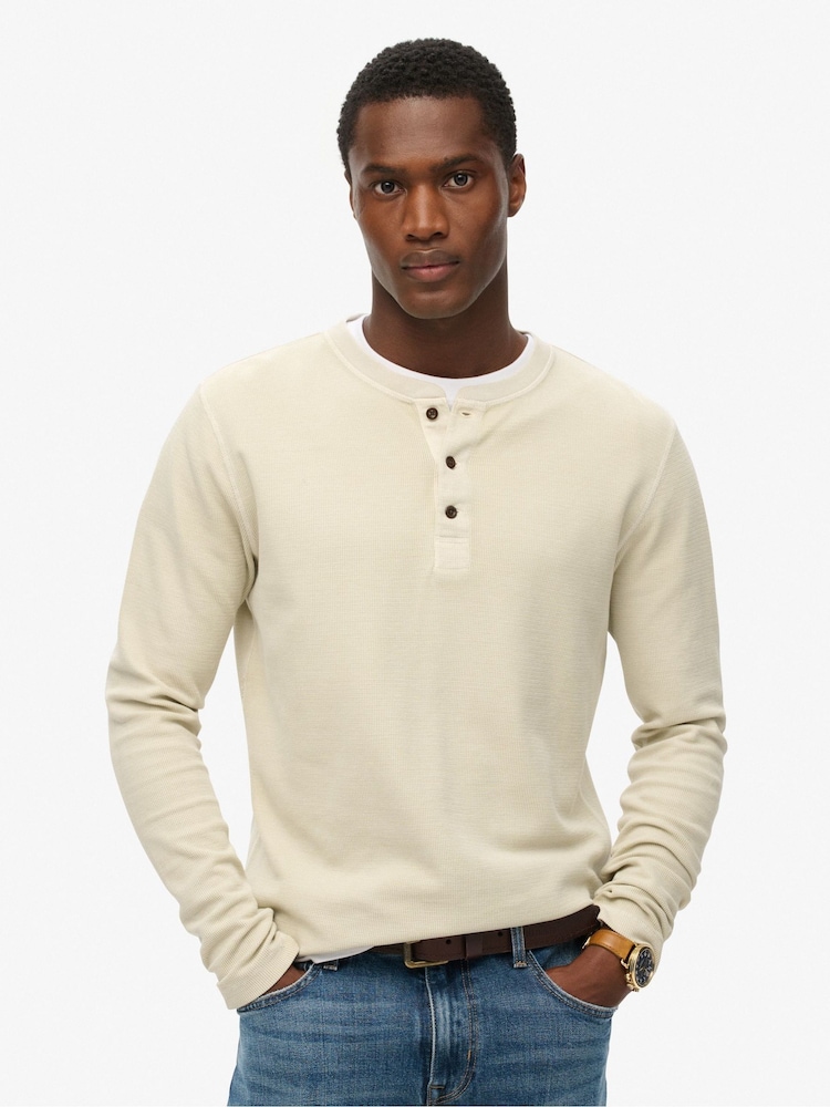Superdry Natural Waffle Long Sleeve Henley Top - Image 1 of 6