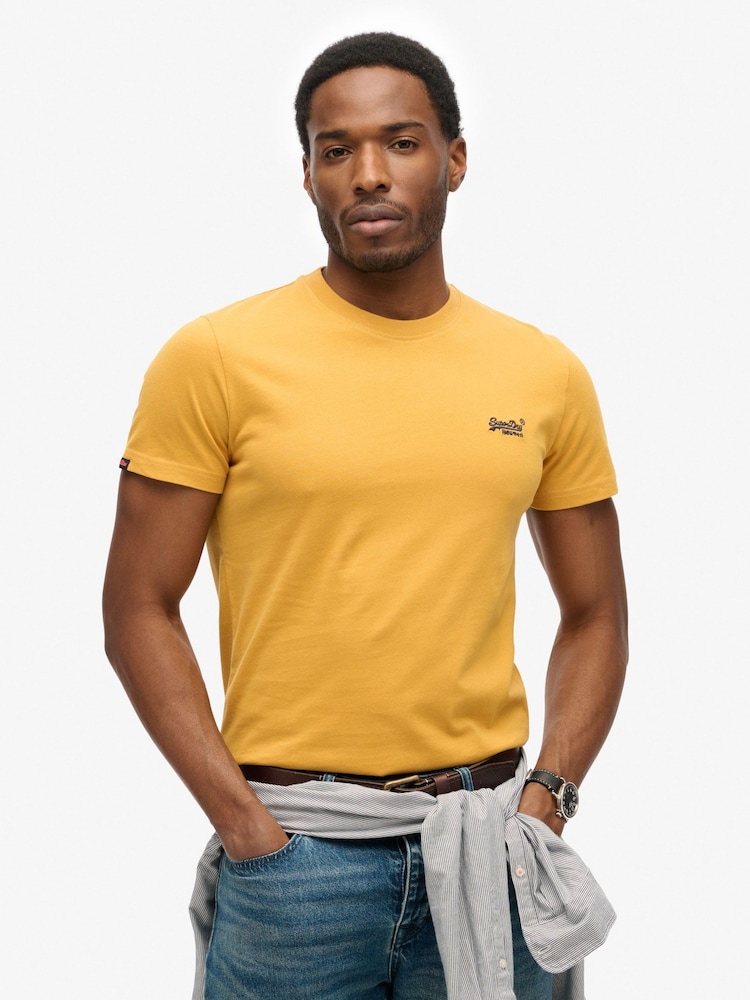 Superdry Bright Yellow Essential Logo Embroidery T-Shirt - Image 1 of 4 Superdry Bright Yellow Essential Logo Embroidery T-Shirt - Image 1 of 4