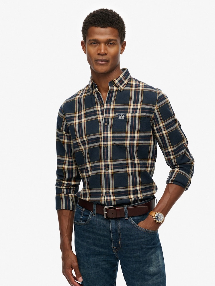 Superdry Navy Blue Long Sleeve Cotton Lumberjack Shirt - Image 1 of 7 Superdry Navy Blue Long Sleeve Cotton Lumberjack Shirt - Image 1 of 7