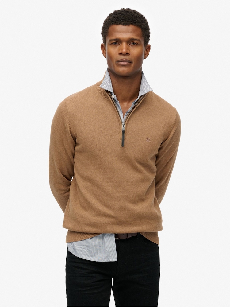 Superdry Brown Essentials Cotton Half Zip Jumper - Image 1 of 5 Superdry Brown Essentials Cotton Half Zip Jumper - Image 1 of 5