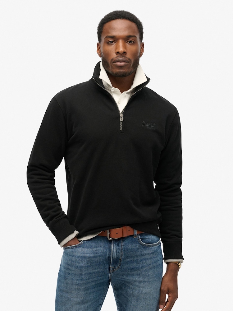 Superdry Black Essential Logo Henley Sweat Top - Image 1 of 6