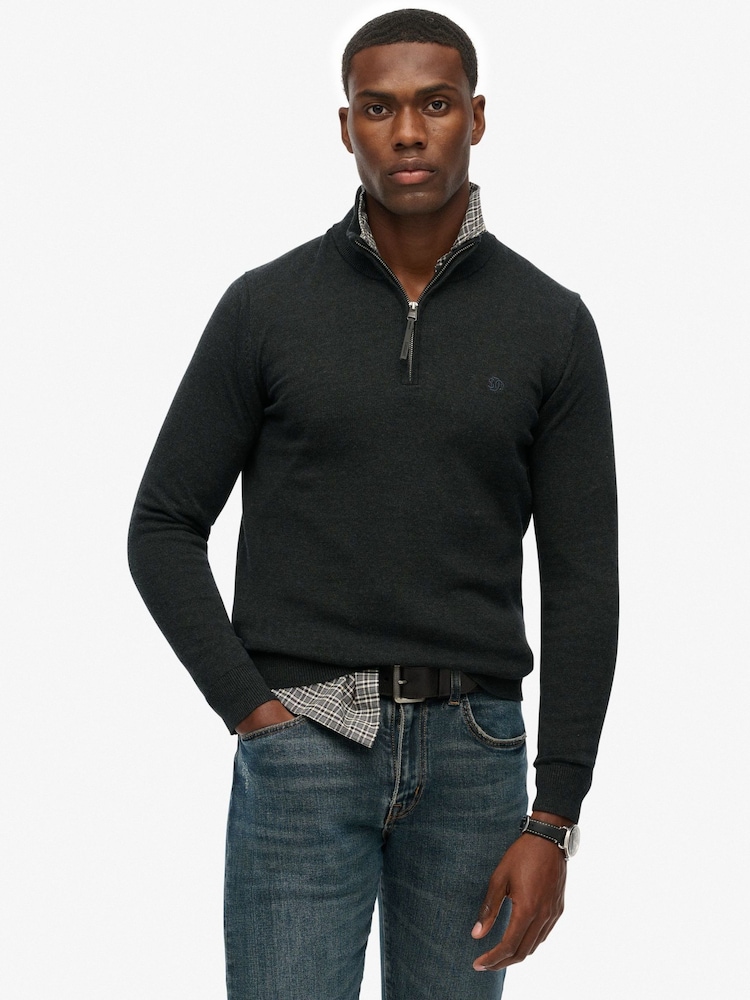 Superdry Grey Essentials Cotton Half Zip Jumper - Image 1 of 6