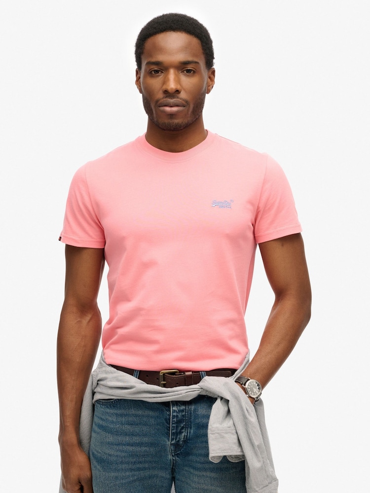 Superdry Pink Essential Short Sleeve Embroidered T-Shirt - Image 1 of 5 Superdry Pink Essential Short Sleeve Embroidered T-Shirt - Image 1 of 5